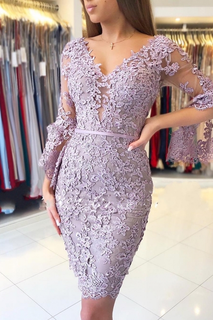 Elegant Sheath V-neck Knee-length Long Sleeve Appliques Lace Prom Dress