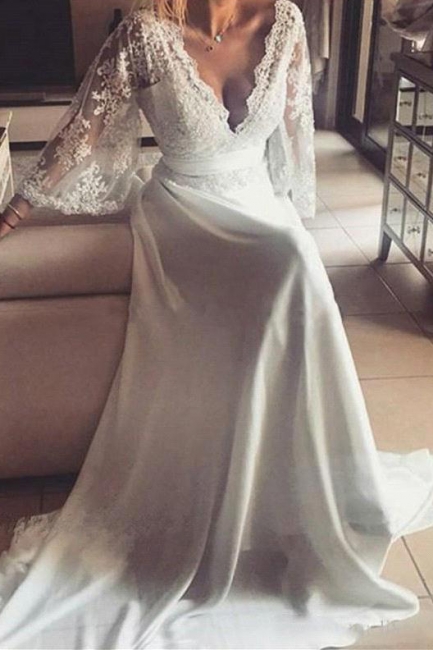 Lace A-Line V-Neck Long Sexy Wedding Dresses