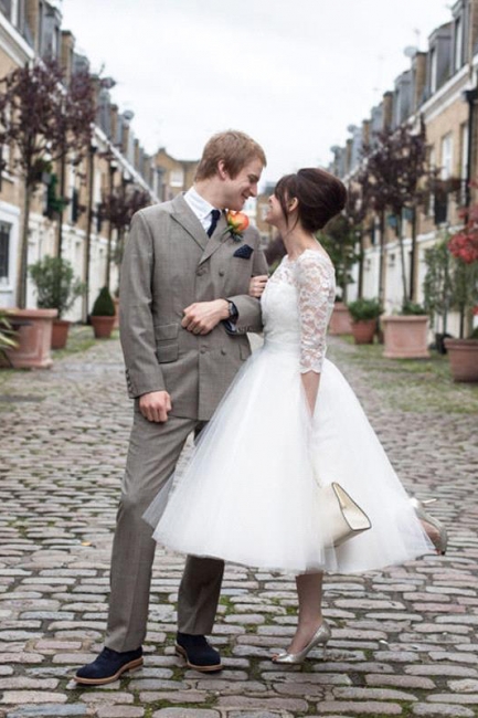 Charming Designer Lace Tulle Bridal Gowns Tea-Length Zipper Wedding Dresses
