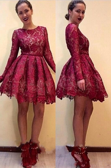 Elegant A-line Long Sleeves Short Burgundy Lace Homecoming Dresses