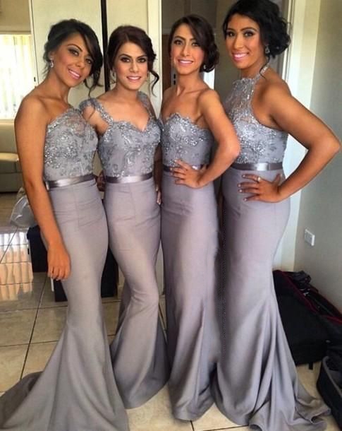 Sequined Appliques Draped Ruffle Grey Bridesmaid Dresses | Mermaid Satin Party Gowns