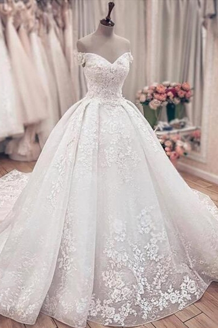 Princess Off The Shoulder Sweetheart  Applique Puffy Ball Gown Wedding Dresses