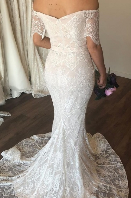 Sexy Off The Shoulder Half Sleeve Lace Mermaid Wedding Dress | Backless Bridal Gown