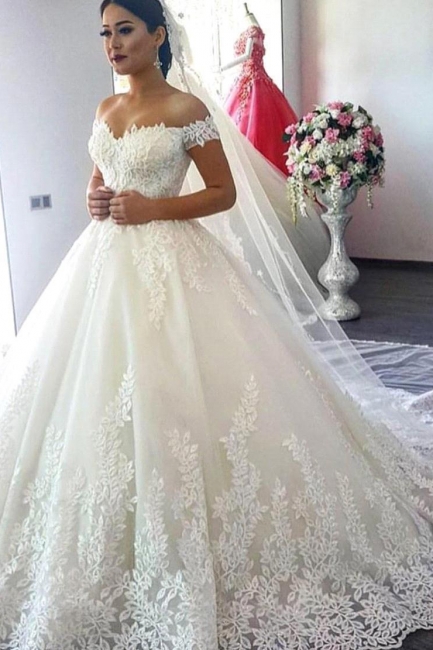 Gorgeous Ball Gown Wedding Dresses | Off-the-Shoulder Lace Appliques Bridal Gowns