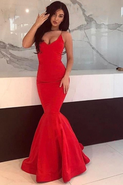 Red Spaghetti Strap Mermaid Prom Dresses | Court Train Sleeveless Evening Dresses