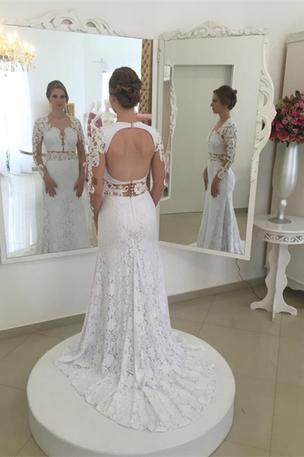 Elegant White Appliques Open Back Mermaid Wedding Dresses Sleeves Lace