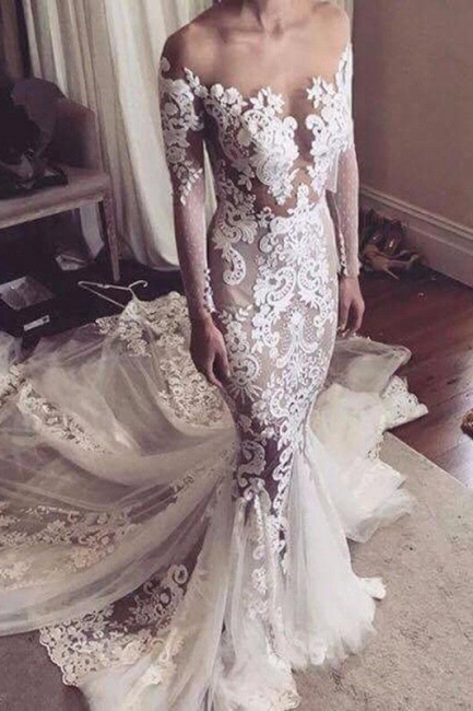 Glamorous Fit and Flare Wedding Dresses | Long Sleeves Appliques Bridal Gowns