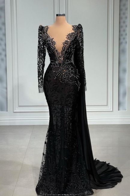 Charming Black V-Neck Long Sleeves Mermaid Prom Dress with Appliques