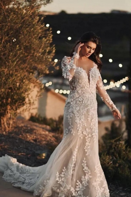 Unique Long Sleeves Lace Appliques V-neck Mermaid Wedding Dress