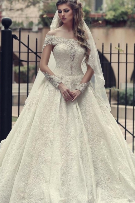 Elegant Off-the-Shoulder Long Sleeve Appliques Lace Backless A-Line Wedding Dress