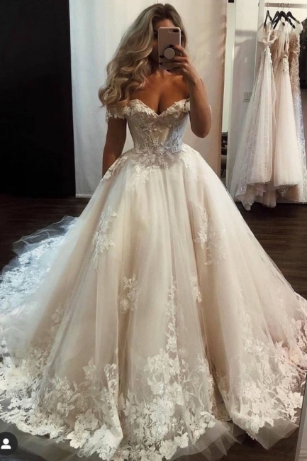 Long A-line Off-the-shoulder Tulle Wedding Dress with Lace