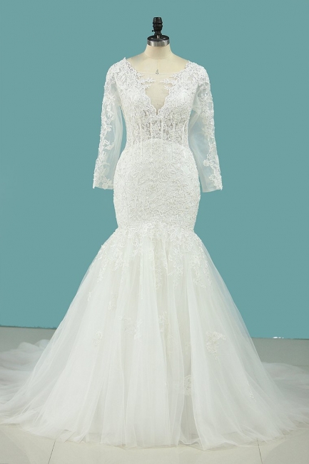 Vintage Square Neckline Long Sleeve Appliques Lace Pearl Mermaid Wedding Dress