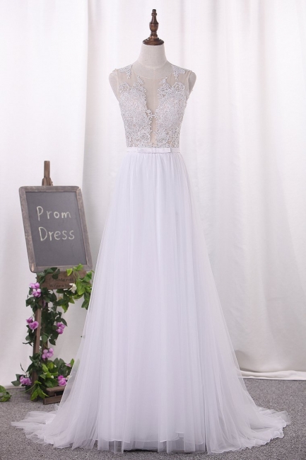 Classy A-Line Bateau Appliques Lace Floor-length Tulle Bow Wedding Dress