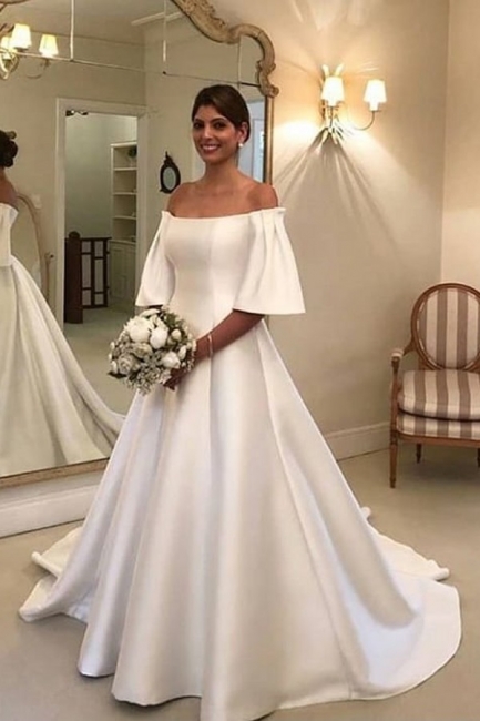 Simple A-Line Off-the-Shoulder Short Sleeve Floor-length Ruffles Satin Wedding Dress