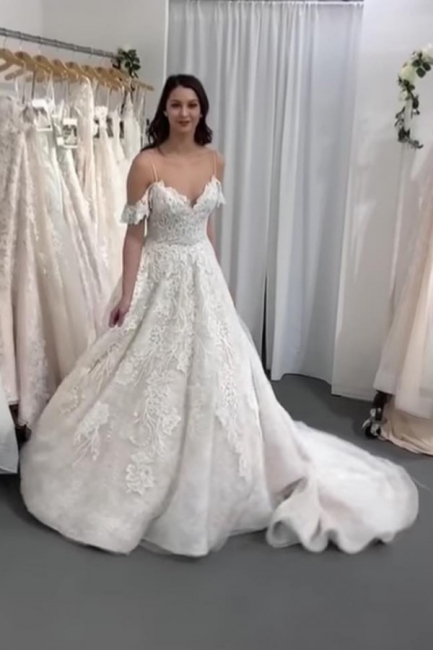 Gorgeous Long A-line V-neck Spaghetti Straps Lace Wedding dress