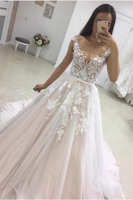 Elegant A-Line Spaghetti Straps Bateau Appliques Lace Tulle Floor-length Prom Dress