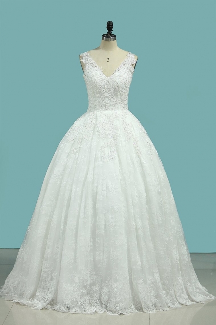 Elegant Deep V-neck Appliques Lace Beading Backless Floor-length A-Line Wedding Dress