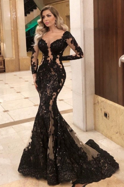 Sexy Black Sweetheart Long Sleeve Appliques Lace Ruffles Mermaid Prom Dress