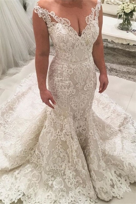 Classy Deep V-neck Spaghetti Straps Floor-length Appliques Lace Mermaid Wedding Dress
