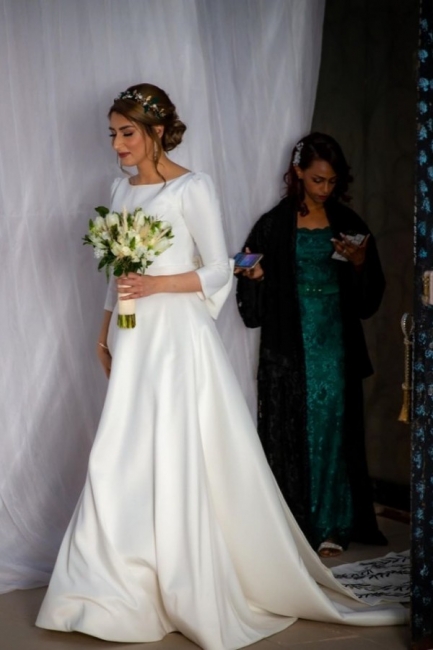 Elegant Jewel Three Quarters Sleeve Embroidery A Line Wedding Dresses With Bow