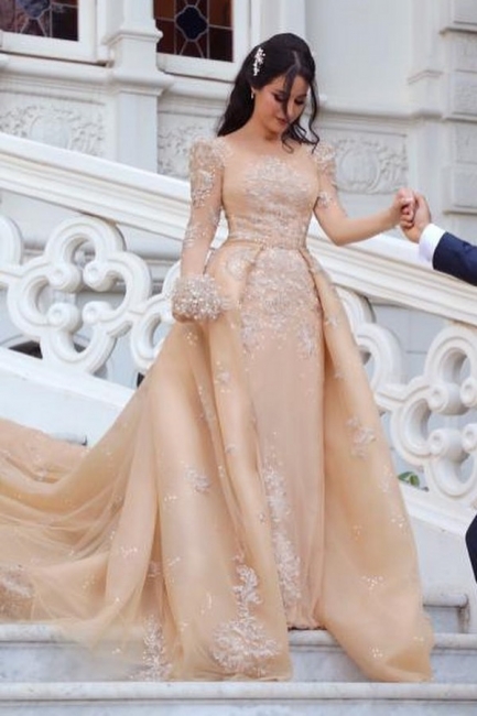Champagne Jewel Long Sleeve Applique Sequin A Line Wedding Dresses | Detachable Skirt Bridal Gown