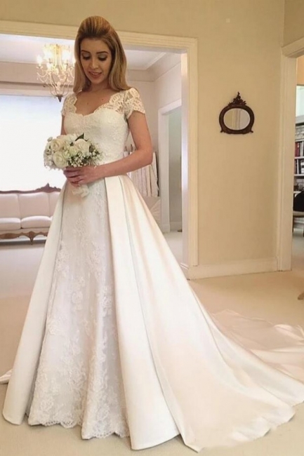 Elegant Long A-line V-neck Satin Wedding Dress with Lace