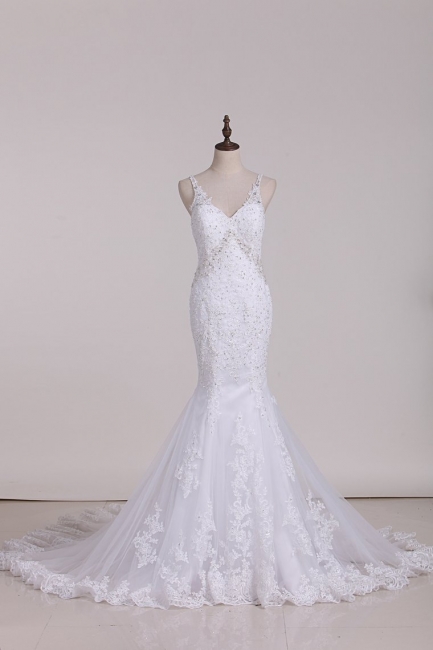 Elegant Spaghetti Straps V-neck Backless Appliques Lace Beading Mermaid Wedding Dress
