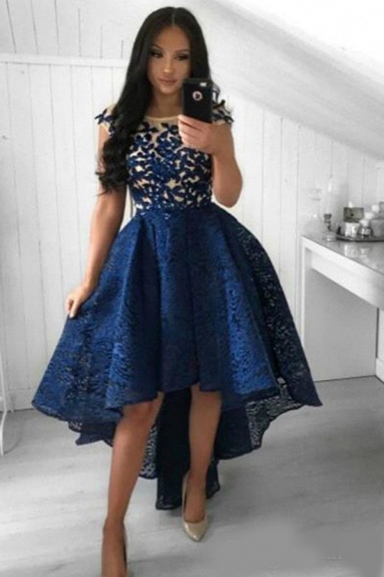 Amazing Bateau Sleevless Party Dress High Low Appliques Lace A-Line Prom Dress