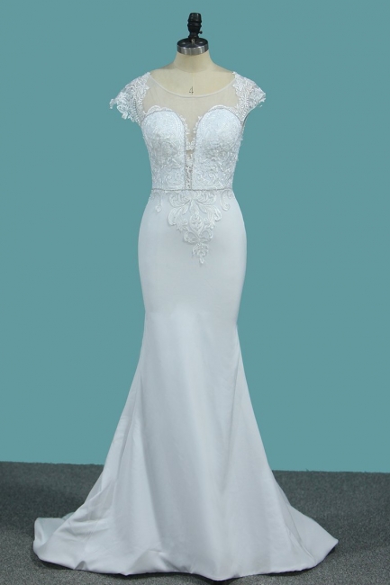 Elegant Scoop Neck Short Sleeve Appliques Lace Beading Satin Mermaid Wedding Dress