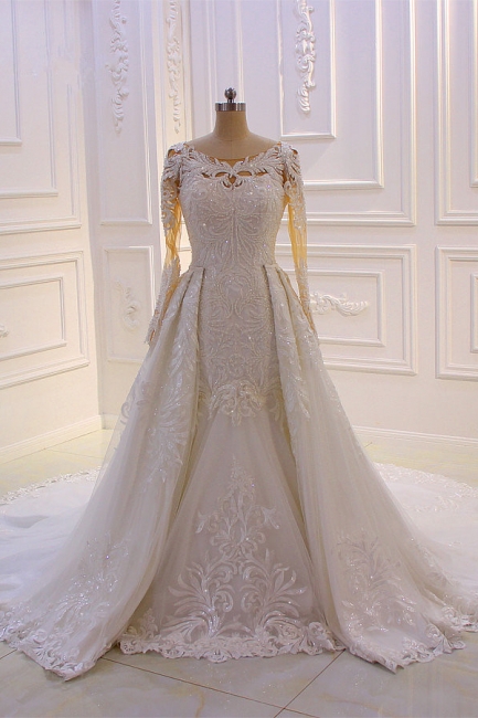 Gorgeous Bateau Long Sleeve Appliques Lace Beading Ruffles Mermaid Wedding Dress
