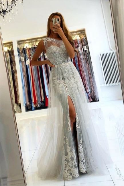Classy One Shoulder Appliques Lace Mermaid Prom Dress With Side Split Tulle Train