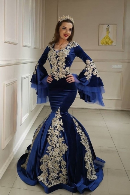Unique Square Neckline Long Sleeve Appliques Lace Velvet Mermaid Prom Dress