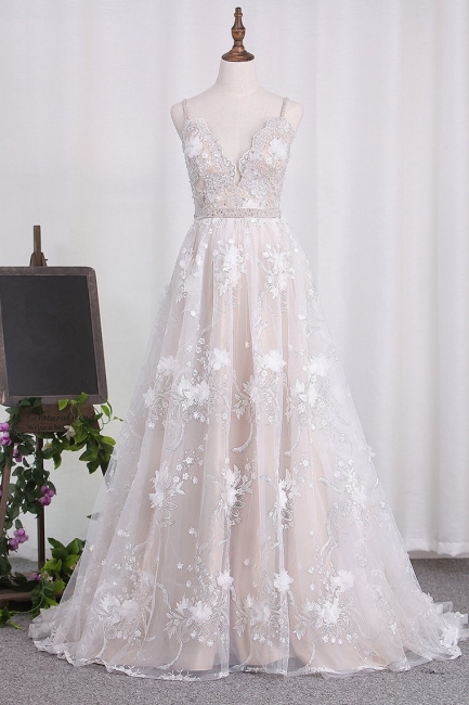Elegant A-Line V-neck Spaghetti Straps Backless Appliques Lace Flower Floor-length Wedding Dress