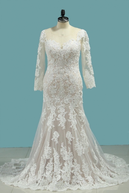 Vintage Bateau Appliques Lace Long Sleeve Beading Long Mermaid Wedding Dress
