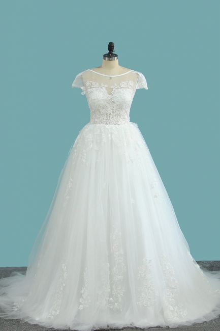 Elegant A-Line Bateau Appliques Lace Short Sleeve Backless Floor-length Wedding Dress