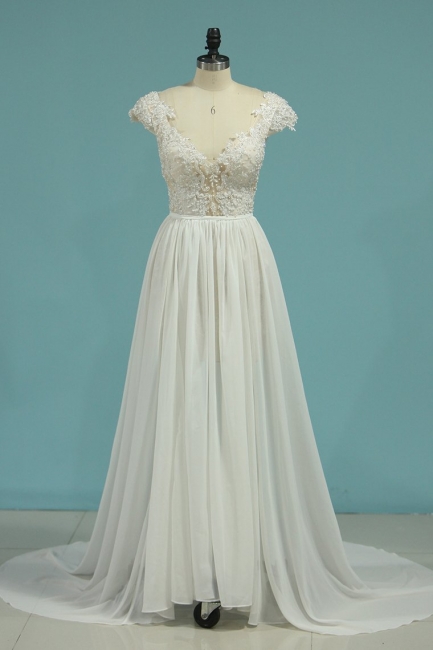 Elegant A-Line Deep V-neck Appliques Lace Pearl Backless Chiffon Wedding Dress