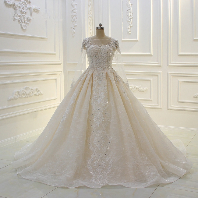 Gorgeous Bateau Long Sleeve Appliques Lace Beading Floor-length Ball Gown Wedding Dress