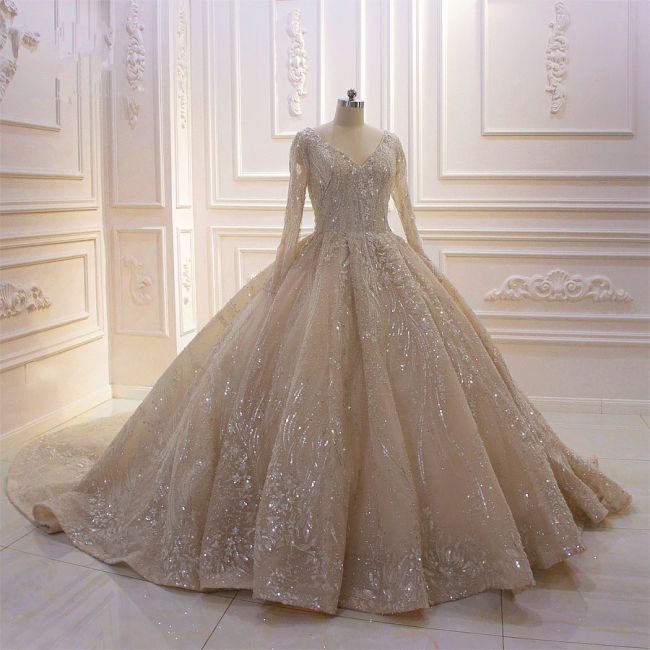 Classy Beading V-neck Long Sleeve Sequins Appliques Lace Ruffles Ball Gown Train Wedding Dress