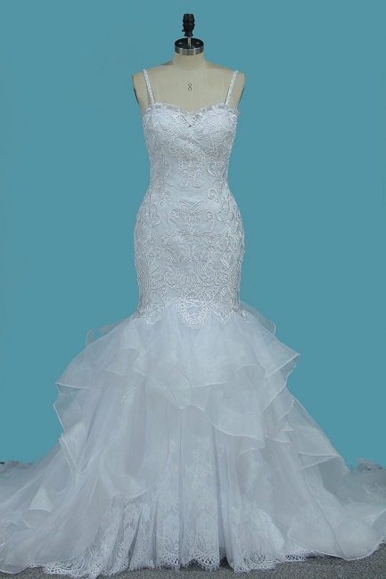 Beautiful Sweetheart Spaghetti Straps Backless Appliques Lace Floor-length Mermaid Wedding Dress