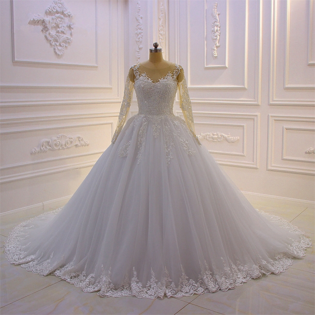 Gorgeous Bateau Long Sleeve Appliques Lace Beading Floor-length Ball Gown Wedding Dress