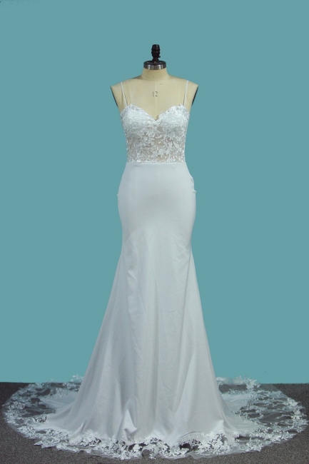 Simple Spaghetti Straps Sweetheart Backless Appliques Lace Satin Mermaid Wedding Dress