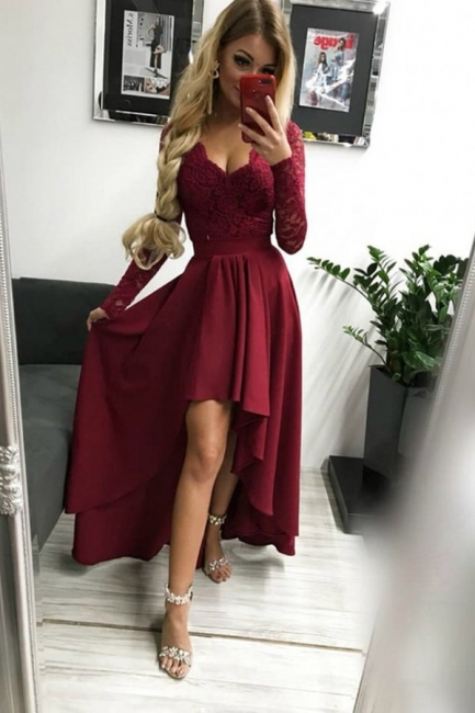 Sexy Long Sleeves Appliques Lace Evening Dress V-neck High Low Prom Dresses