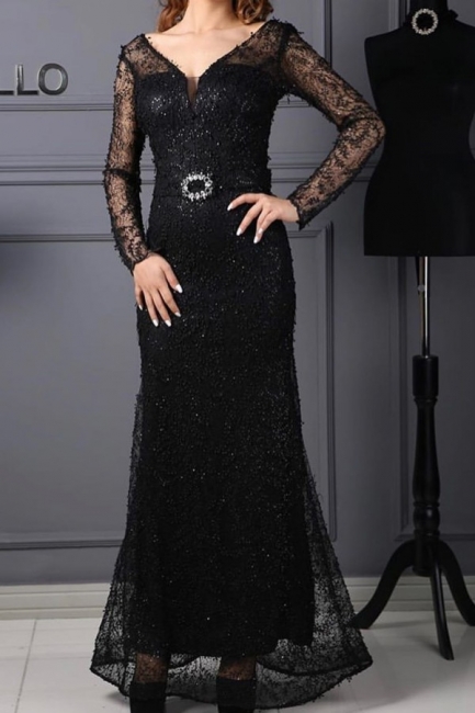 Modest Black V-neck Long Sleeve Appliques Lace Mermaid Prom Dress With Sash