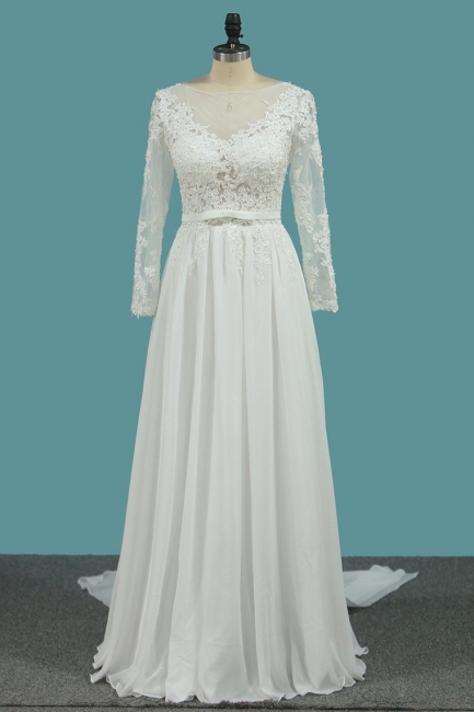Elegant A-Line Scoop Neck Long Sleeve Beading Appliques Lace Wedding Dress With Sashes