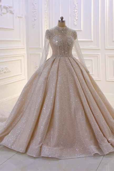 Gorgeous High-neck Long Sleeve Beading Sequins Train Ruffles Satin Ball Gown Wedding Dress