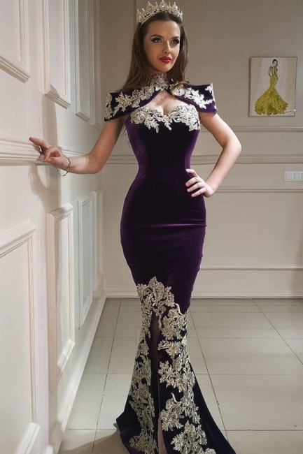 Unique High Neck Backless Appliques Lace Floor-length Velvet Mermaid Prom Dress