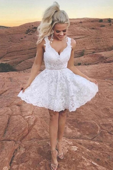 Simple White Appliques Lace Short Party Dress V-neck A-Line Prom Dress