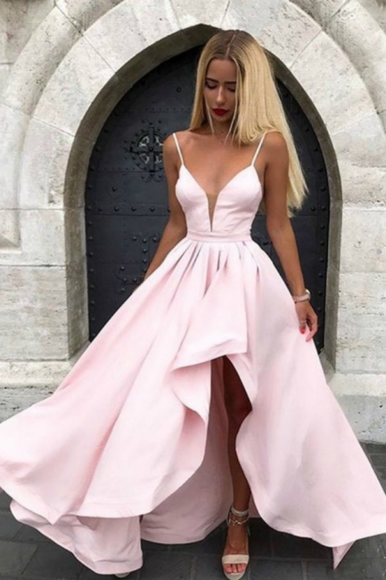 Beautiful Spaghetti Straps V-neck High Low A-Line Prom Dresses With Ruffles