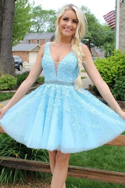 Cute Sky Blue Appliques Lace V-neck Short Party Dress A-Line Prom Dress