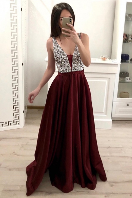 Stylish Deep V-neck Crystals A-line Evening Dress Open Back Prom Dress
